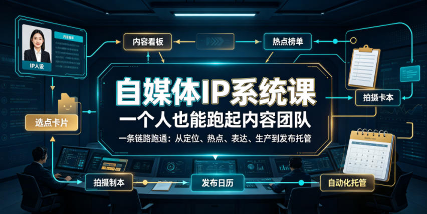 自媒体IP系统课，一个人也能跑起内容团队，一条链路跑通，从定位、热点、表达、生产到发布托管-云启智联