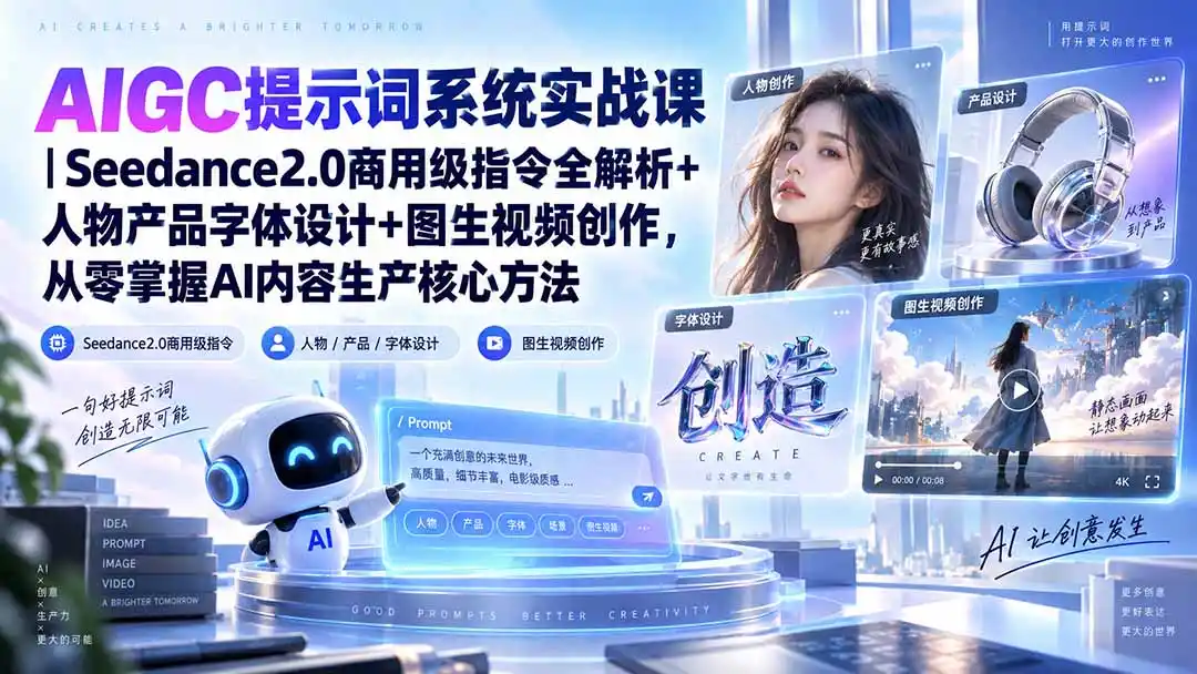 AIGC提示词系统实战课-无水印|Seedance2.0商用级指令全解析+人物产品字体设计+图生视频创作,掌握AI内容生产方法 AIGC提示词系统实战课-无水印|Seedance2.0商用级指令全解析+人物产品字体设计+图生视频创作,掌握AI内容生产方法