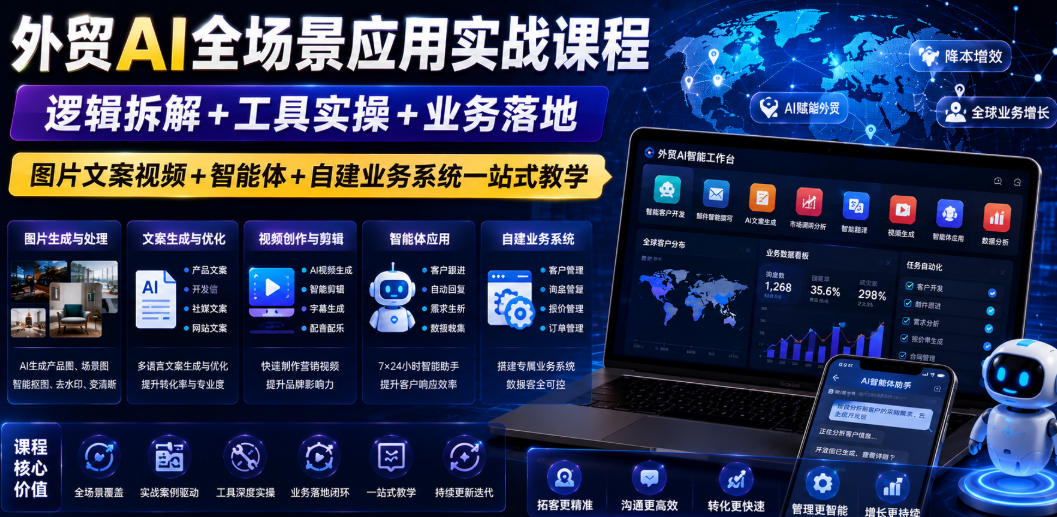 外贸AI全场景应用实战课程｜逻辑拆解+工具实操+业务落地，图片文案视频+智能体+自建业务系统一站式教学-云启智联