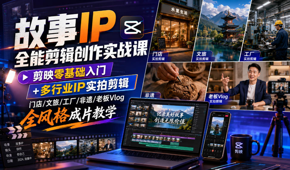故事IP全能剪辑创作实战课｜剪映零基础入门+多行业IP实拍剪辑，门店/文旅/工厂/非遗/老板Vlog全风格成片教学-云启智联
