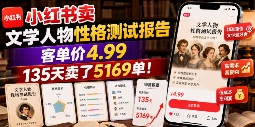 小红书卖文学人物性格测试报告，客单价4.99，135天卖了5169单！-云启智联