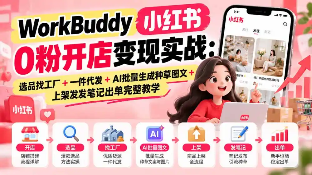 WorkBuddy小红书0粉开店变现实战:选品找工厂+一件代发+AI批量生成种草图文+上架发发笔记出单完整教学 WorkBuddy小红书0粉开店变现实战:选品找工厂+一件代发+AI批量生成种草图文+上架发发笔记出单完整教学